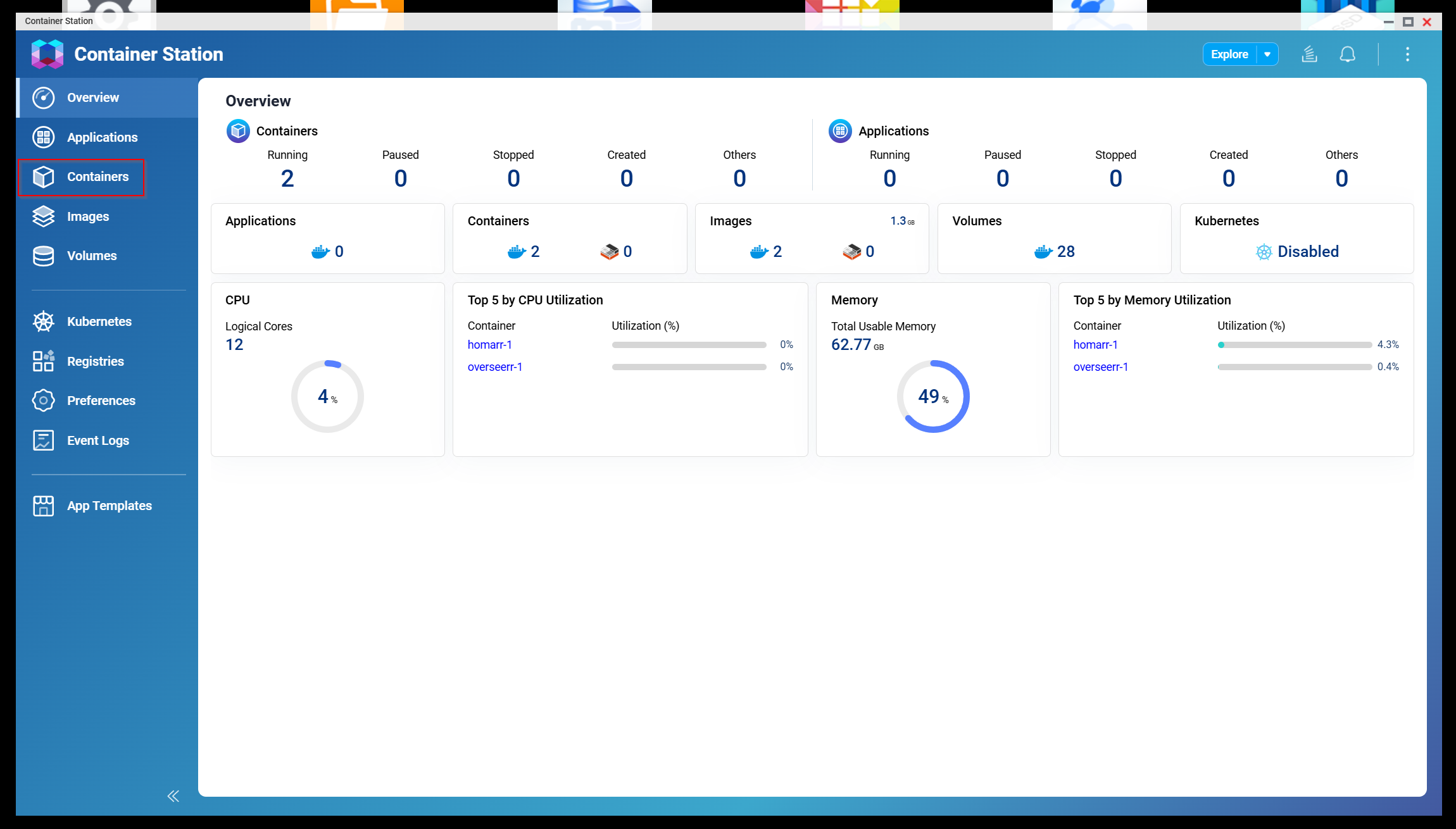 Containers menu in QNAP Container Station