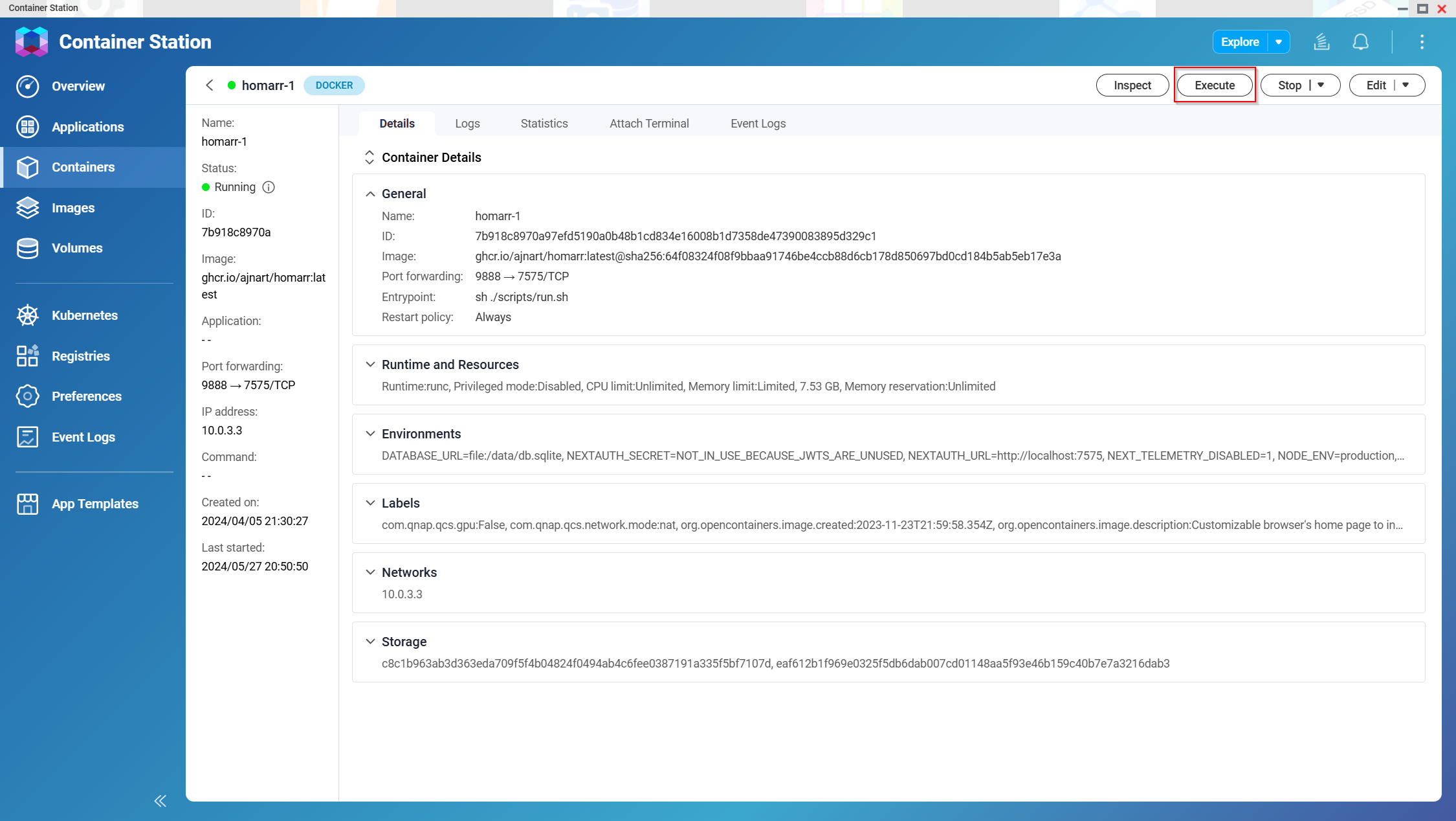 Execute action for the Homarr container in QNAP Container Station