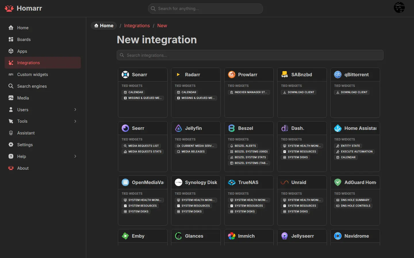 Integration catalog with compatible widgets