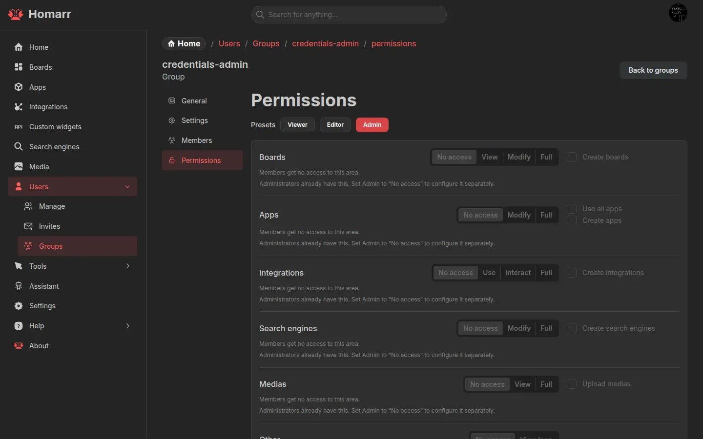 Group permission settings