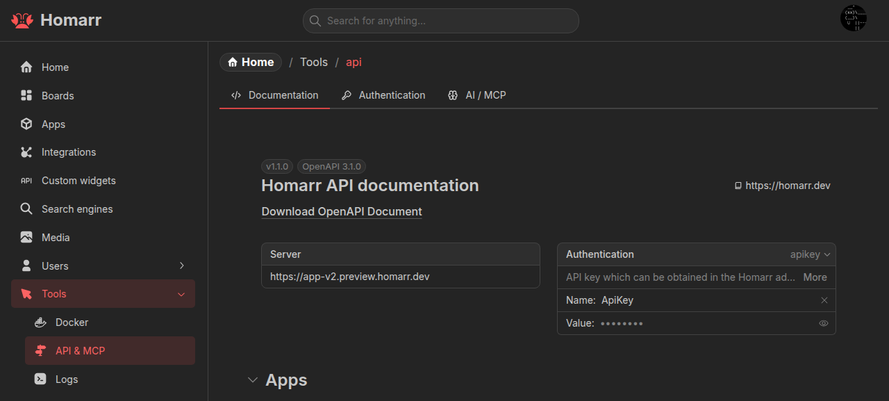 Homarr's API documentation page