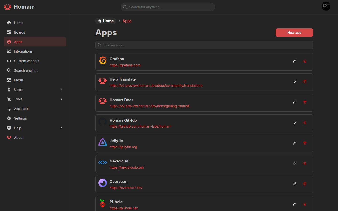 The Apps management page