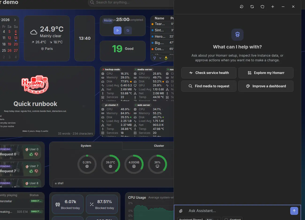 The Homarr Assistant expanded over a live dashboard with health, exploration, media, and board actions