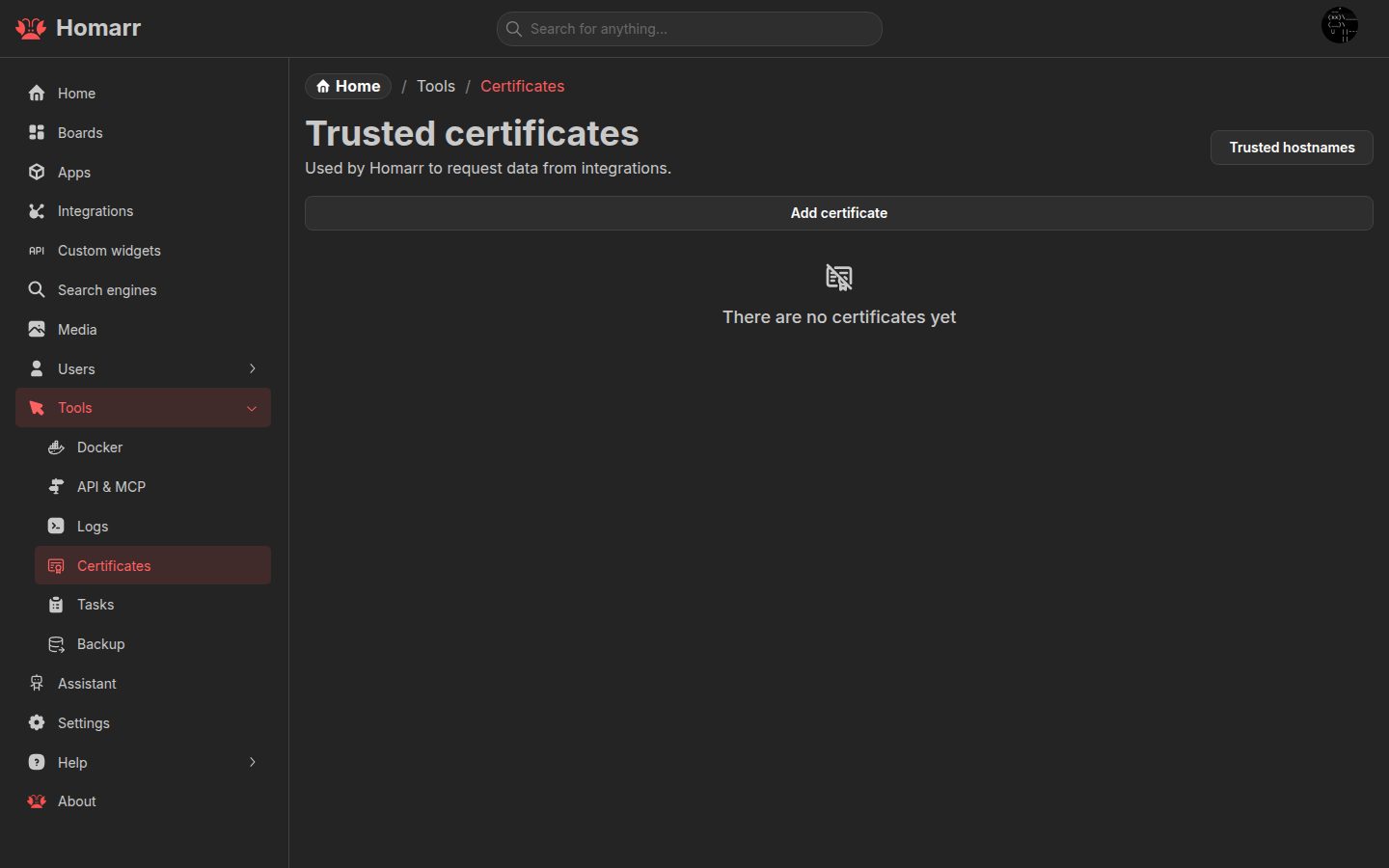 The Trusted certificates management page