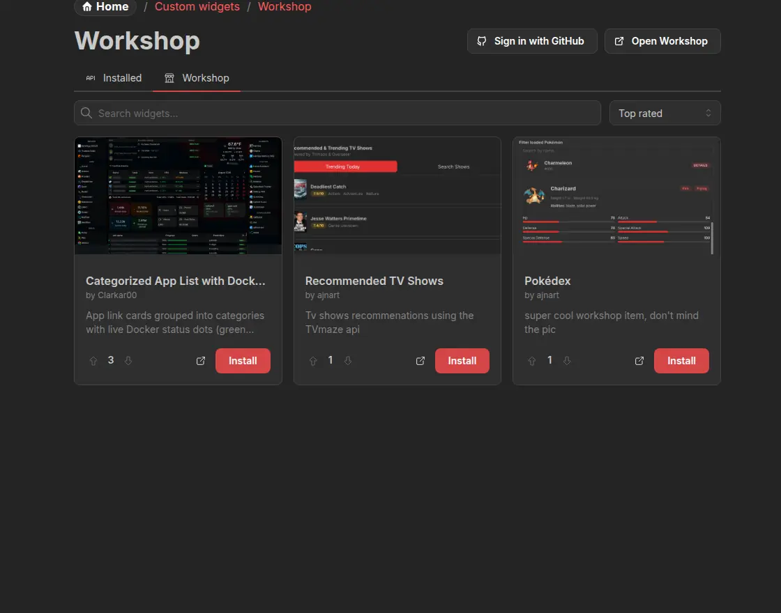 The Community Workshop catalog inside Custom Widget management
