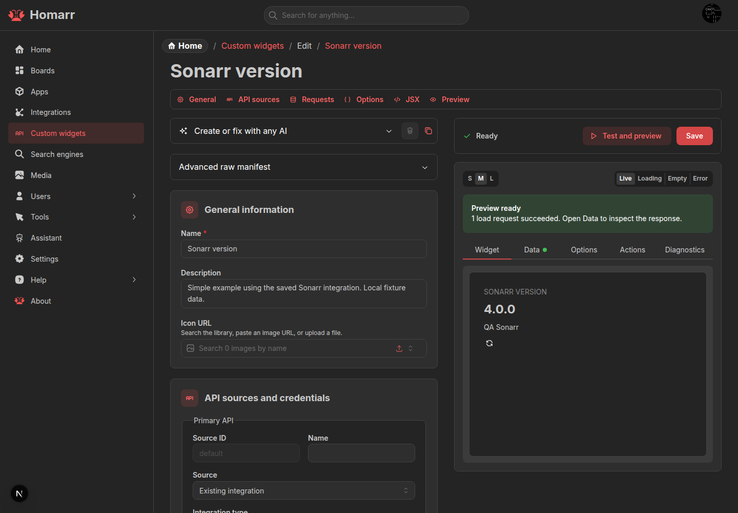 The Custom Widget workbench displaying a Sonarr response through a saved integration