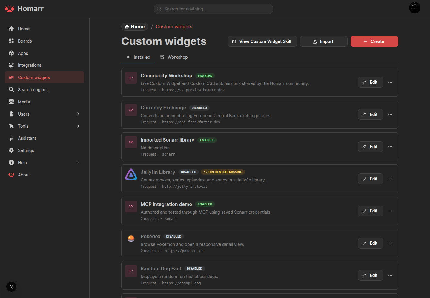 The Custom Widgets management page
