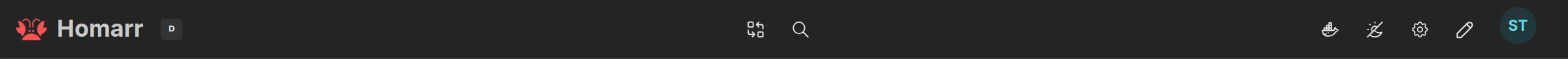 A customized header with a board link on the left, board switching and search in the center, and Docker, theme and settings on the right