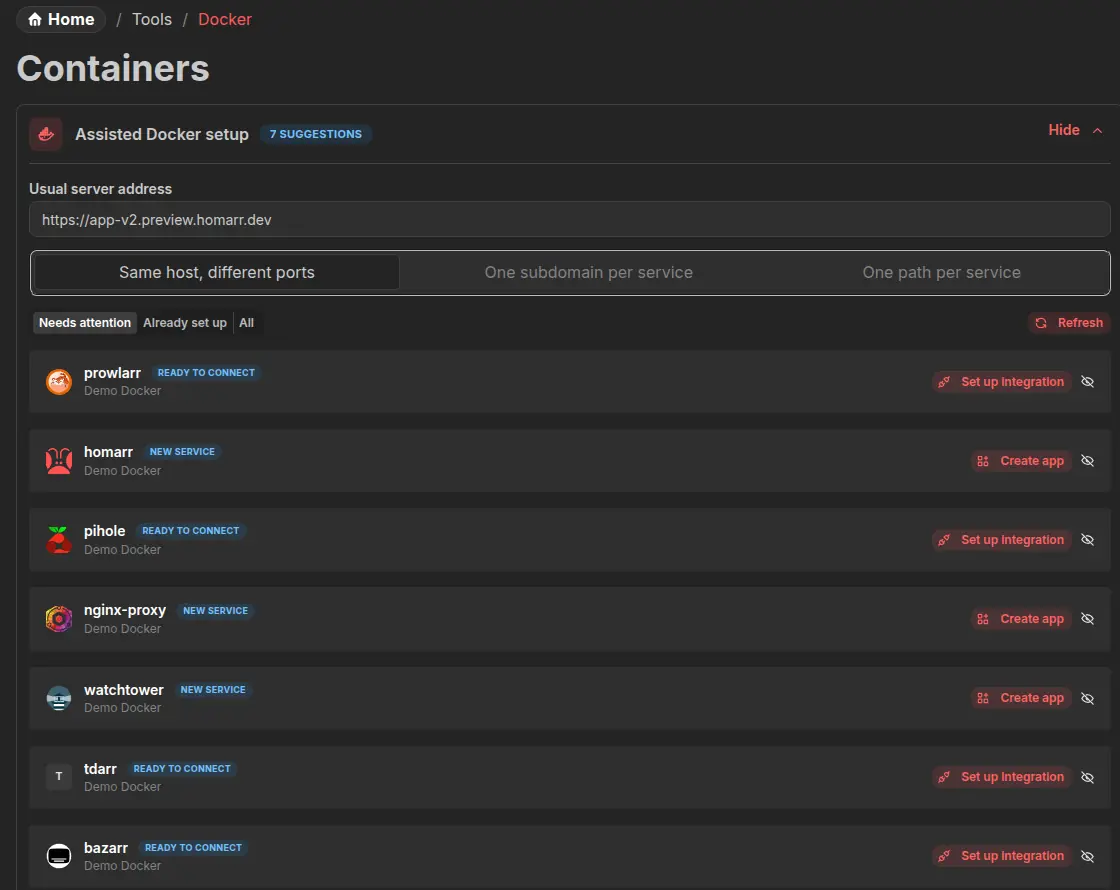 Assisted Docker setup listing discovered services that can become apps or integrations