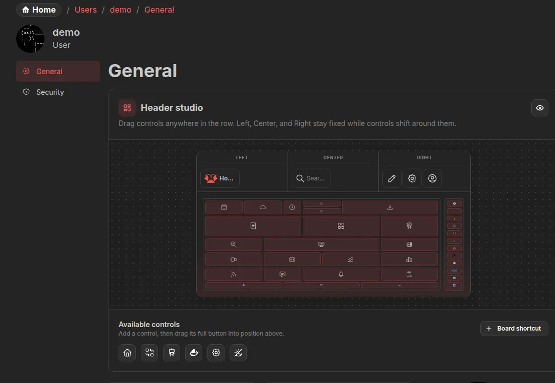 The Header studio showing left, center, and right zones plus available controls