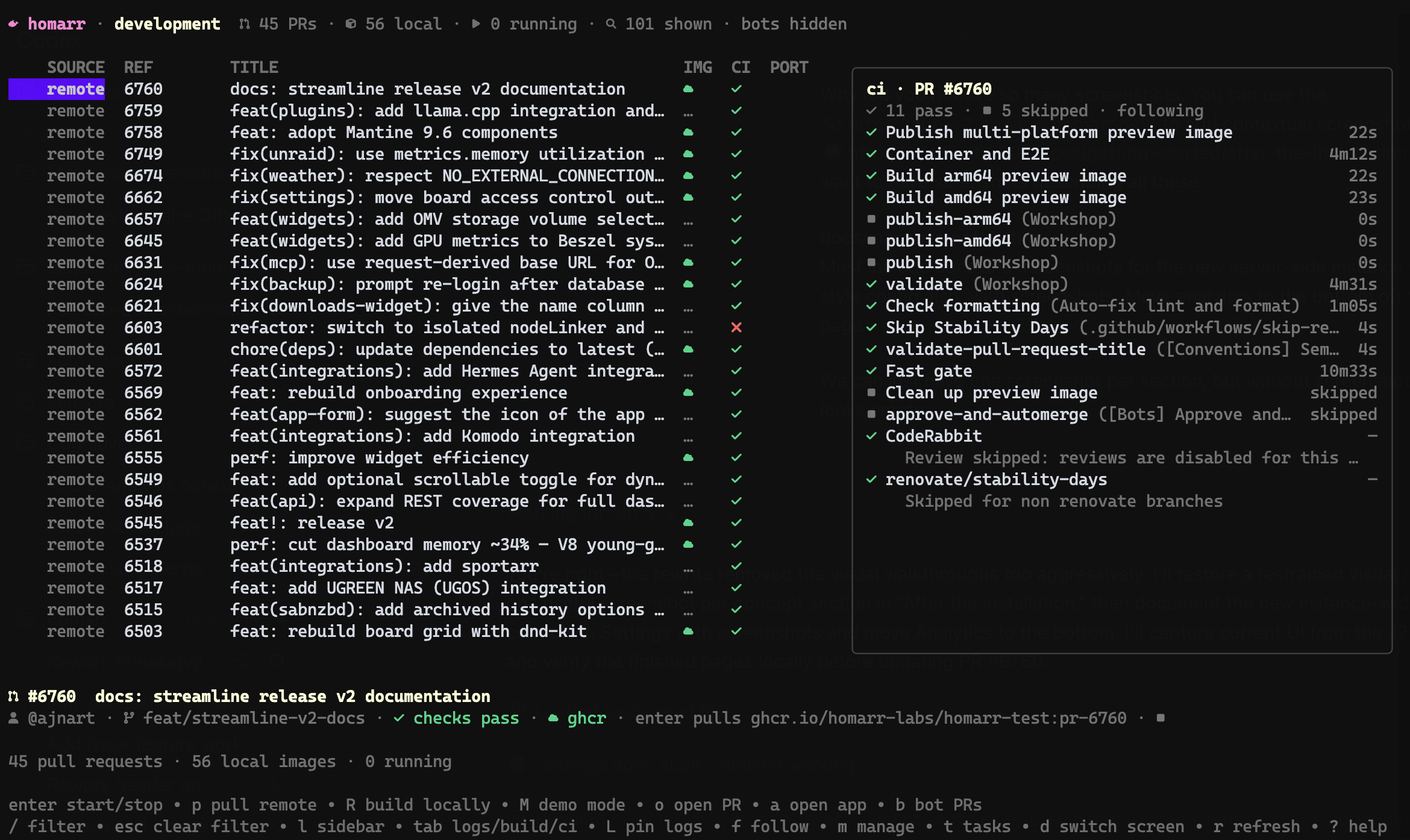 Homarr developer CLI showing pull requests, local images, and PR CI status