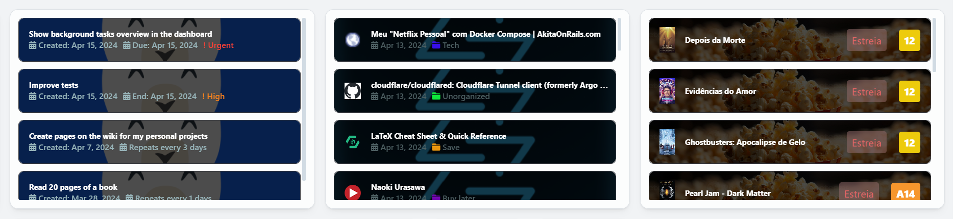 Image of the Vikunja (left), Linkwarden (middle), and Cinemark Brazil (right) iframes on a Homarr dashboard Image of the Vikunja (left), Linkwarden (middle), and Cinemark Brazil (right) iframes on a Homarr dashboard