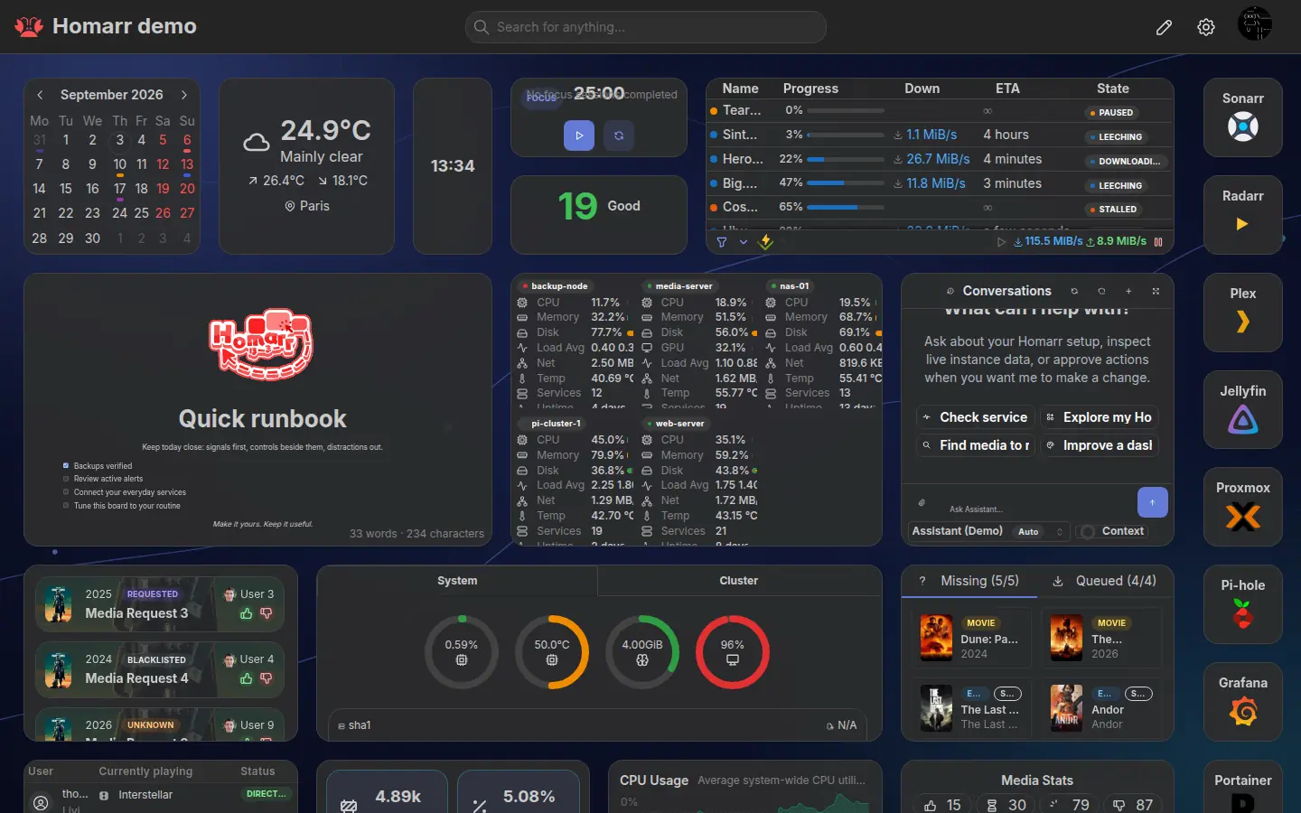 A populated Homarr 2.0 dashboard with compact widgets, an Assistant, and an application rail
