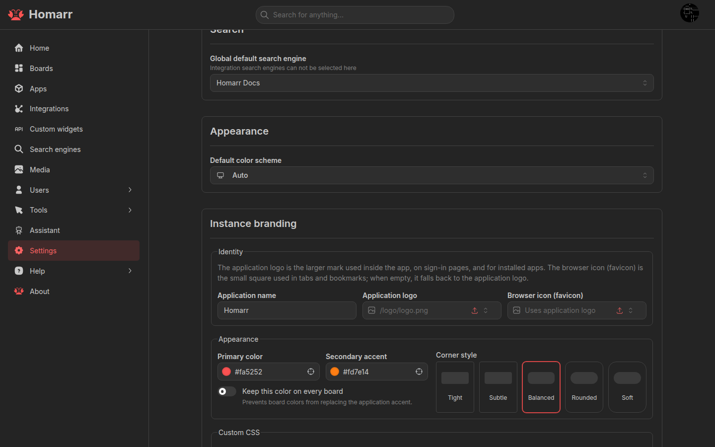 Instance branding identity and appearance settings