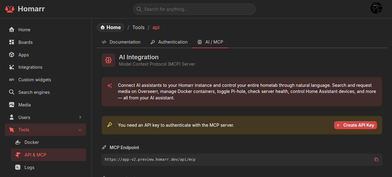 The AI / MCP management tab