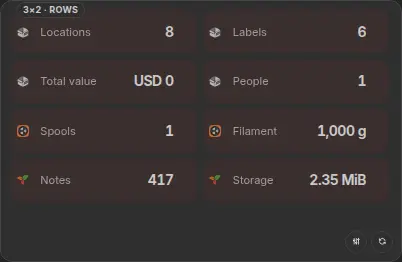 Compact rows combining Homebox inventory, Spoolman filament and Trilium notes