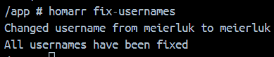 Terminal output confirming credential usernames were converted to lowercase