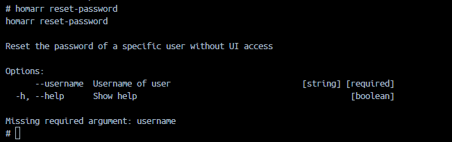 Reset-password command help showing that username is required