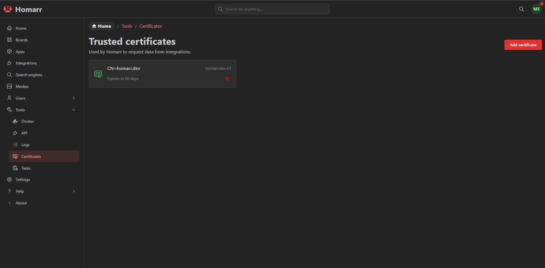Trusted certificates page listing a certificate's subject, filename, and expiry
