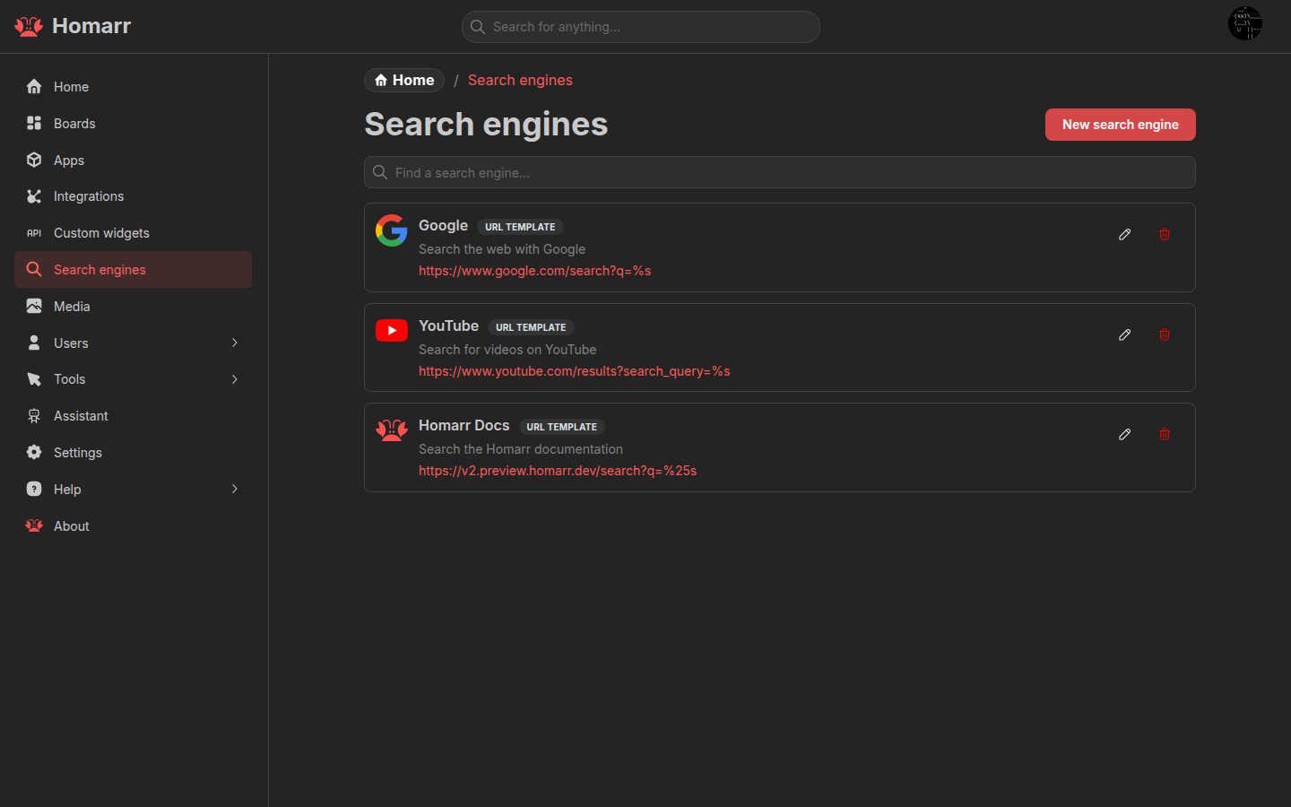 The Search engines management page