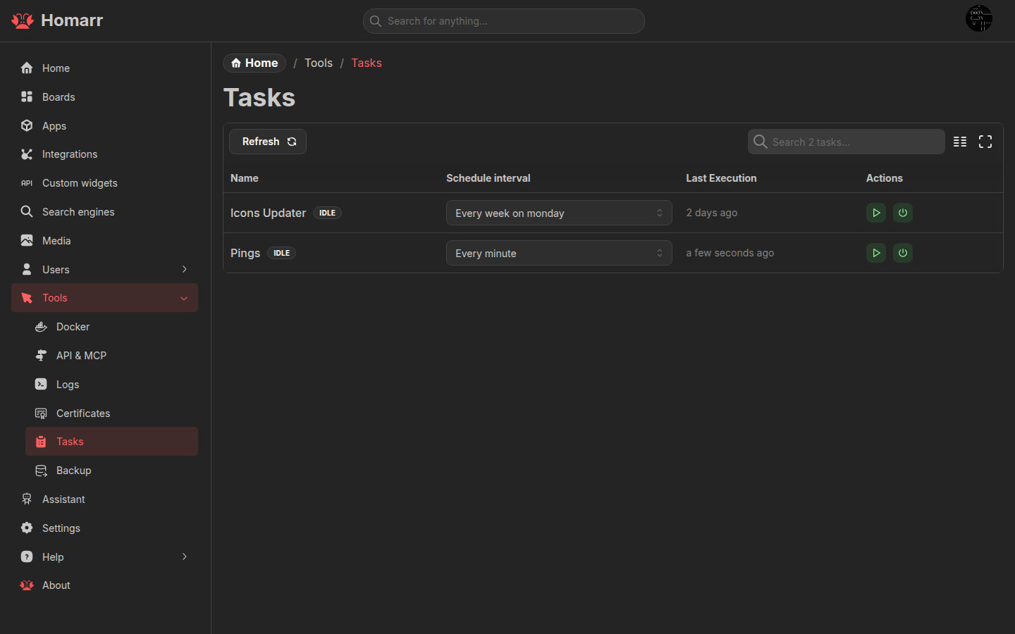 The scheduled Tasks management page