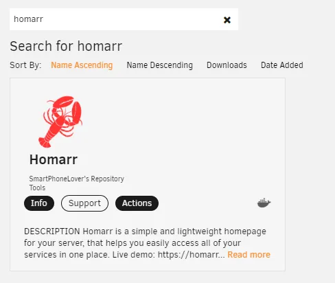 Homarr result in Unraid Community Apps with installation actions